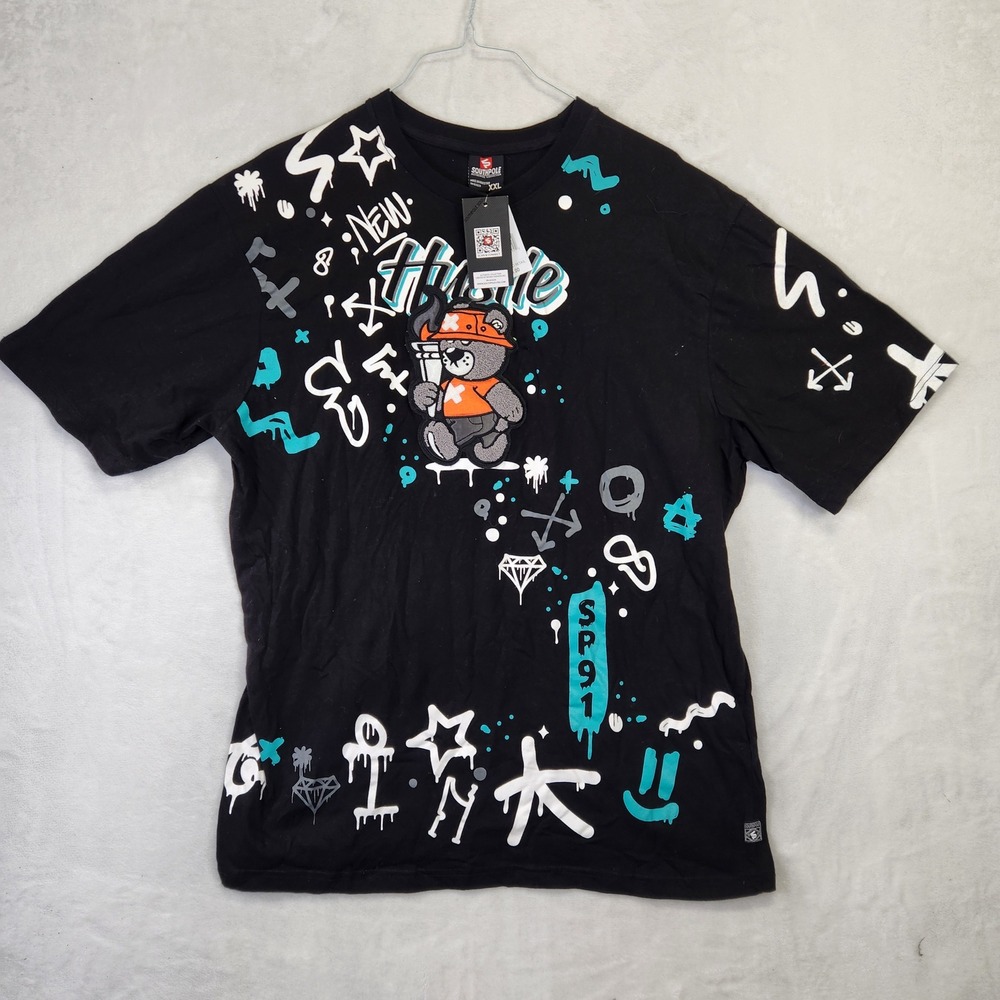 Southpole Mens XXL Black Hustle Graphic‎ T-Shirt Graffiti Bear Patch New NWT